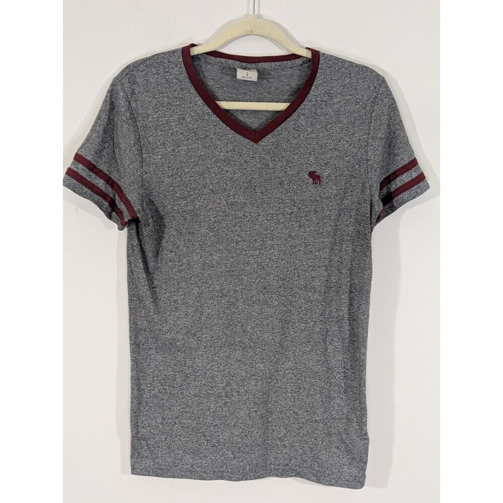Vtg Abercrombie Fitch Shirt Mens Sz S Gray Trim Maroon Moose Logo Tee V-Neck Y2K - Picture 1 of 7